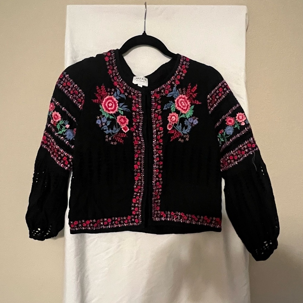 Misa Los Angeles Black Jacket with Pink, Red and Blue Floral Embroidery